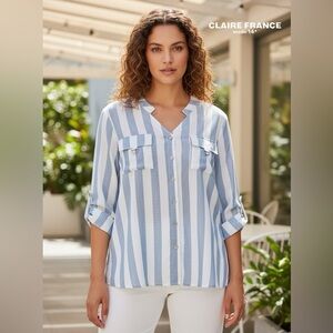 Claire France, Plus Size Striped 3/4 Sleeve Blouse, 20W, Blue & White